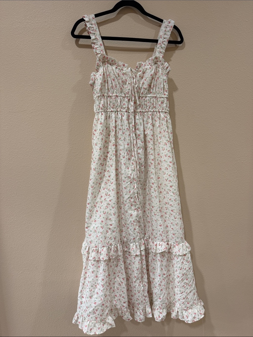 Storia Cream Midi Dress with Pink Floral Print